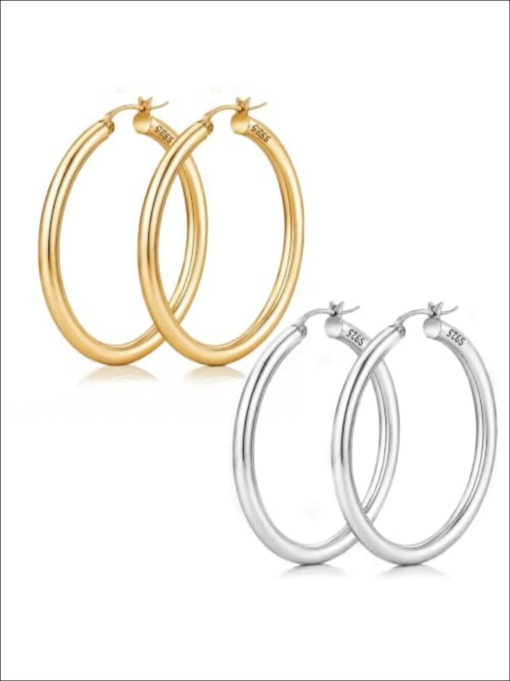 2 Pairs 925 Sterling Silver Post Hoop Earrings Women Gold Plated